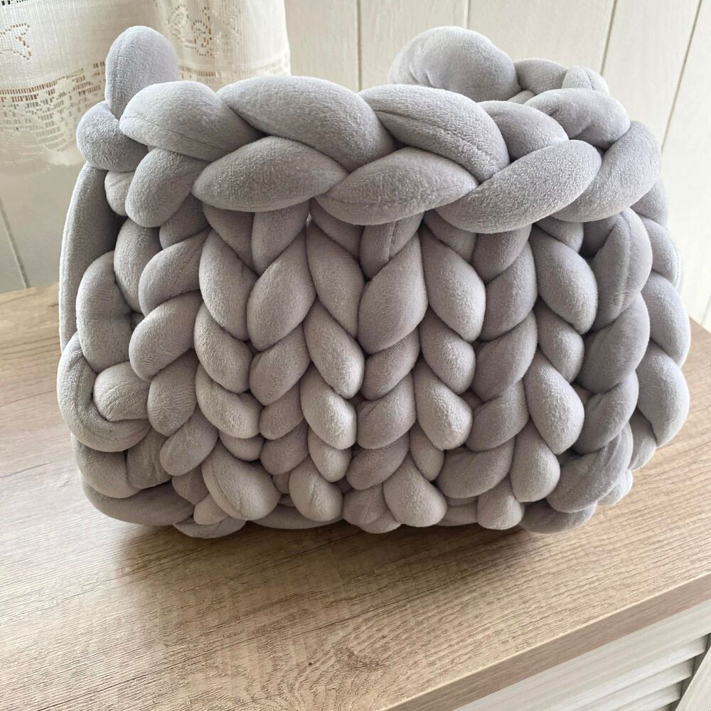 Chunky Knit Plush Tote Bag Gray -  Braided Cozy Statement Bag